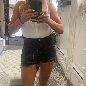 Washed Black Denim Distressed Shorts